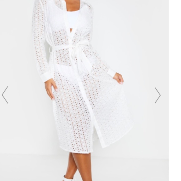 White Broderie Tie Waist Beach Dress - Picture 2 of 8